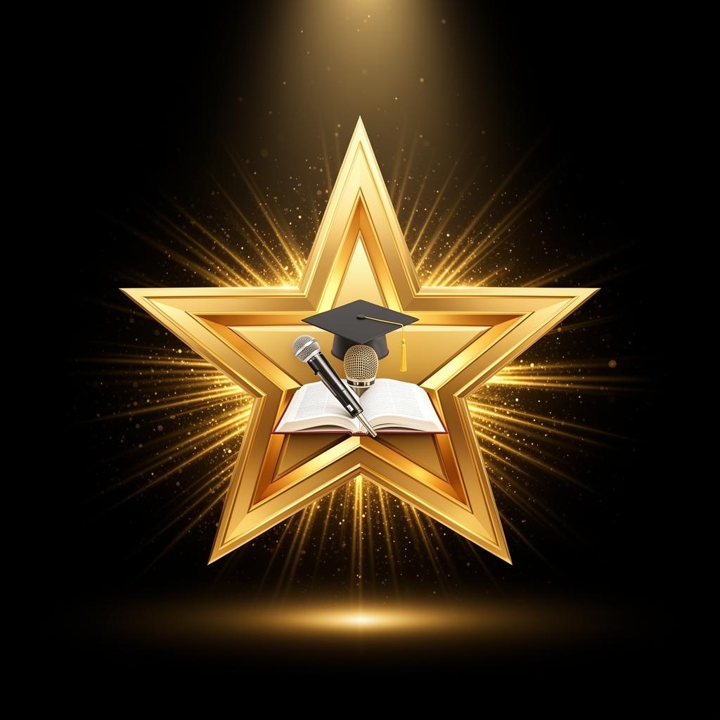 Gold championship star with graduation cap, book and microphone